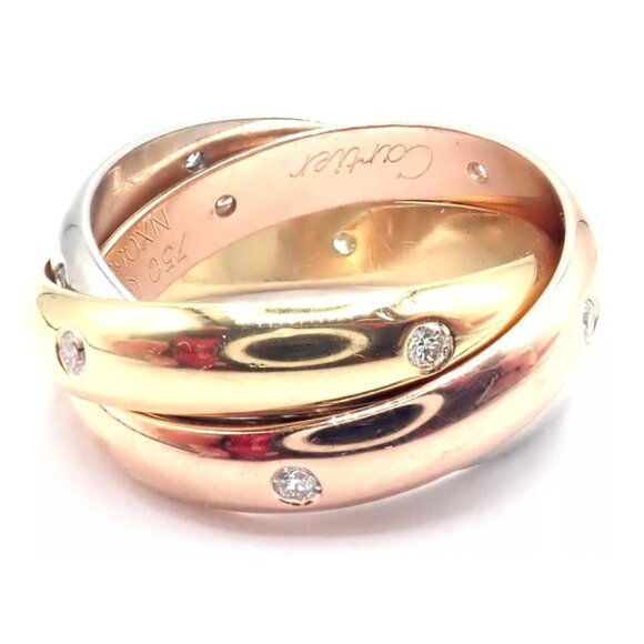 Authentic! Cartier 18k Tri-Color Gold Diamond Trinity Band Ring Size 5.75 Cert. - Picture 2 of 9
